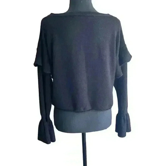 Zara Knit Black Flounce Sweater Bell Cuff Ruffle Shoulder Black Women Size Small - Picture 5 of 12
